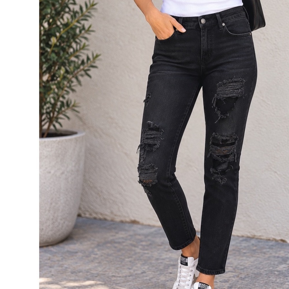 Paige Skyline Skinny Jeans Black Distressed Ripped Denim Womens 28 Made in USA